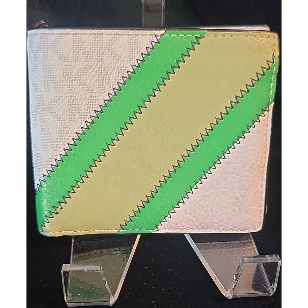 Michael Kors Logo Pattern Bifold Wallet Credit Card Holder White Green Beige